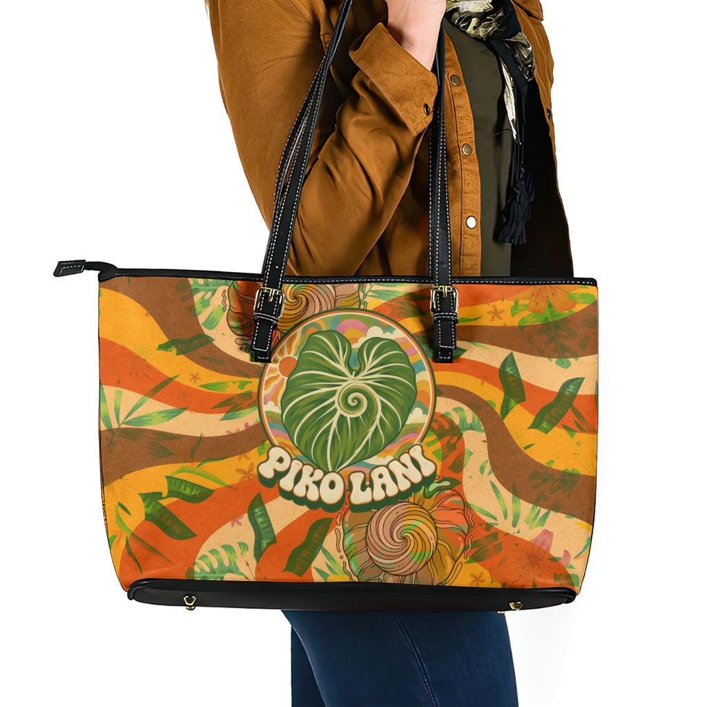 Hawaiian Piko Lani Cultivate I Ka Piko Aloha Leather Tote Bag Retro Psychedelic Taro Leaf - Hibiscus Flowers TS04 - Polynesian Pride