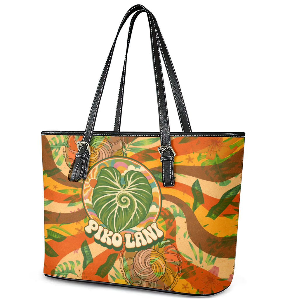 Hawaiian Piko Lani Cultivate I Ka Piko Aloha Leather Tote Bag Retro Psychedelic Taro Leaf - Hibiscus Flowers TS04 - Polynesian Pride