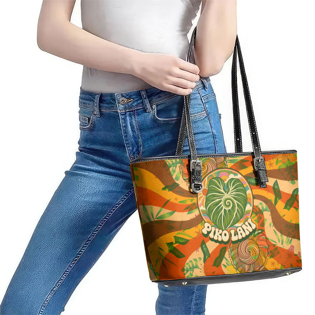 Hawaiian Piko Lani Cultivate I Ka Piko Aloha Leather Tote Bag Retro Psychedelic Taro Leaf - Hibiscus Flowers TS04 - Polynesian Pride