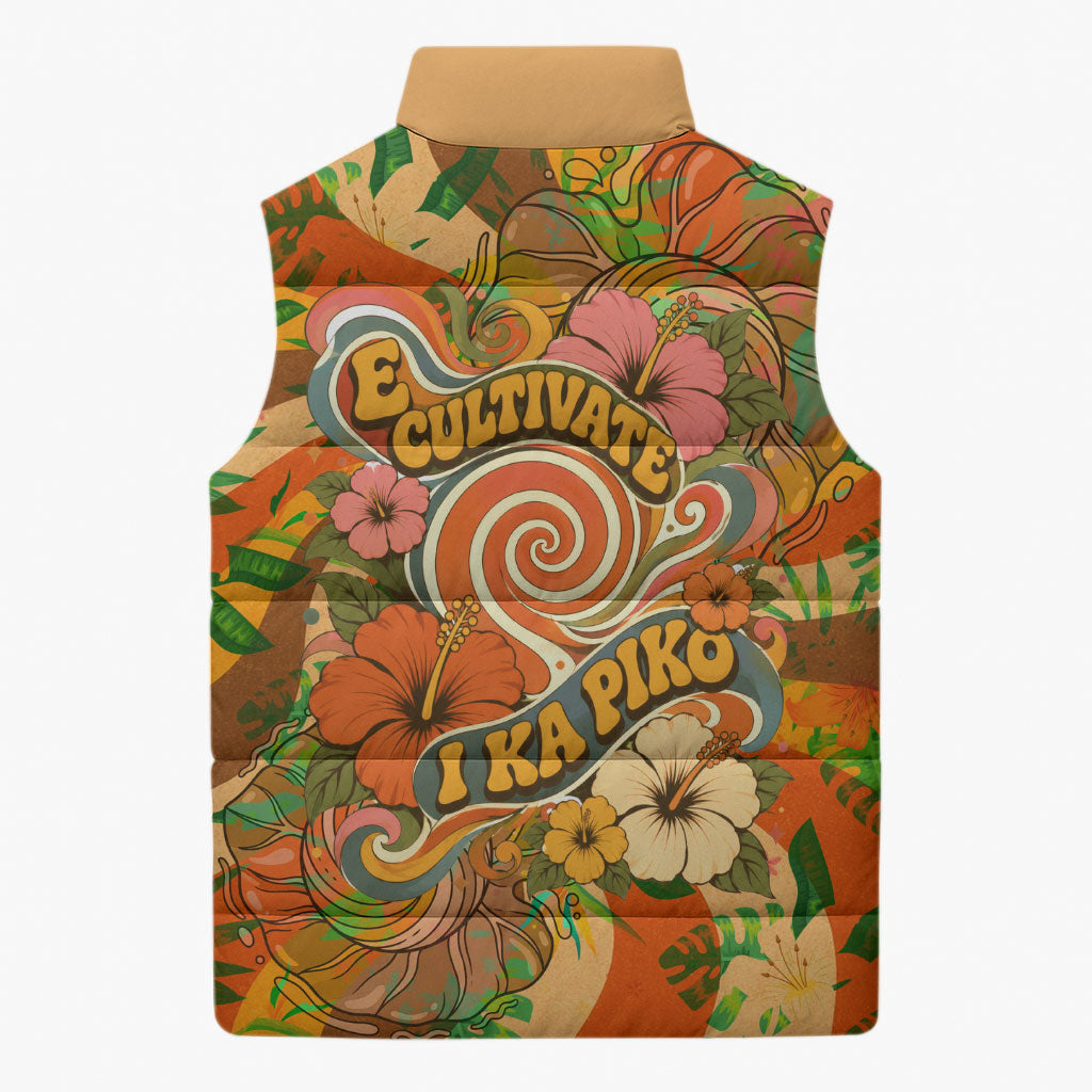Hawaiian Piko Lani Cultivate I Ka Piko Aloha Sleeveless Puffer Jacket Retro Psychedelic Taro Leaf - Hibiscus Flowers TS04 - Polynesian Pride