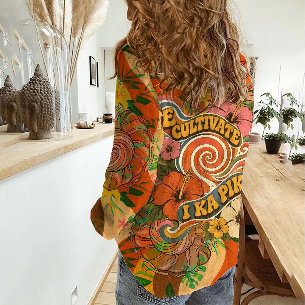 Hawaiian Piko Lani Cultivate I Ka Piko Aloha Women Casual Shirt Retro Psychedelic Taro Leaf - Hibiscus Flowers TS04 - Polynesian Pride