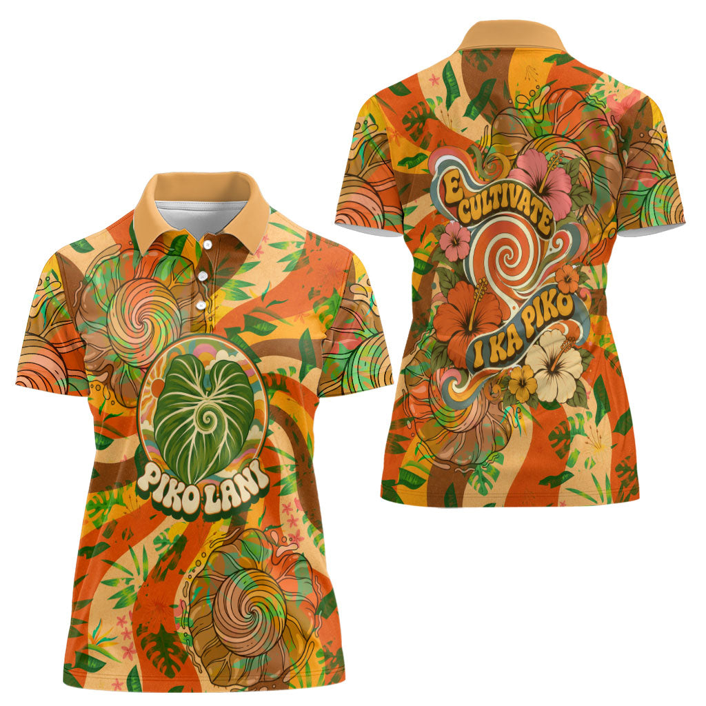 Hawaiian Piko Lani Cultivate I Ka Piko Aloha Women Polo Shirt Retro Psychedelic Taro Leaf - Hibiscus Flowers TS04 - Polynesian Pride