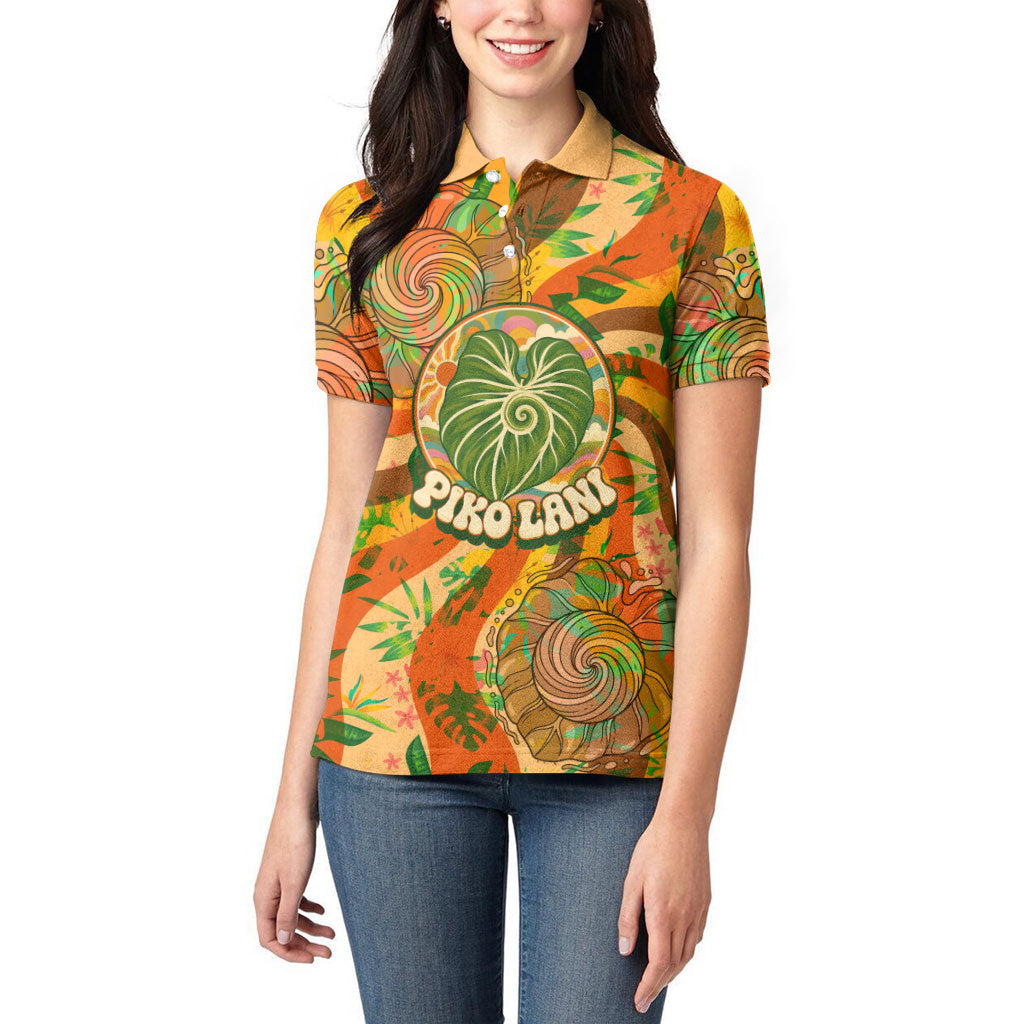 Hawaiian Piko Lani Cultivate I Ka Piko Aloha Women Polo Shirt Retro Psychedelic Taro Leaf - Hibiscus Flowers TS04 - Polynesian Pride