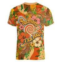 Hawaiian Piko Lani Cultivate I Ka Piko Aloha Women V-Neck T-Shirt Retro Psychedelic Taro Leaf - Hibiscus Flowers