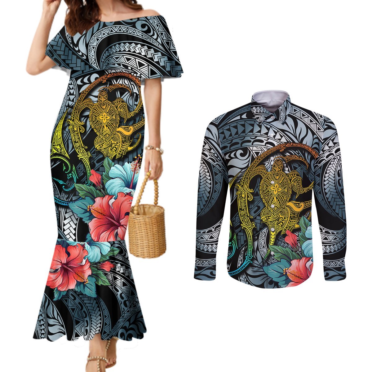 Hawaii Turtle Couples Matching Mermaid Dress and Long Sleeve Button Shirts Hawaii Pattern and Turtle Tattoo Dark Cyan Gradient TS04 Gradient - Polynesian Pride