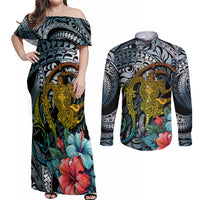 Hawaii Turtle Couples Matching Off Shoulder Maxi Dress and Long Sleeve Button Shirts Hawaii Pattern and Turtle Tattoo Dark Cyan Gradient TS04 Gradient - Polynesian Pride