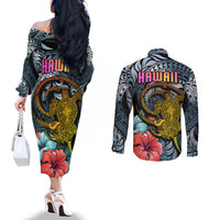 Hawaii Turtle Couples Matching Off The Shoulder Long Sleeve Dress and Long Sleeve Button Shirts Hawaii Pattern and Turtle Tattoo Dark Cyan Gradient TS04 - Polynesian Pride