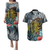 Hawaii Turtle Couples Matching Puletasi Dress and Hawaiian Shirt Hawaii Pattern and Turtle Tattoo Dark Cyan Gradient TS04 Gradient - Polynesian Pride