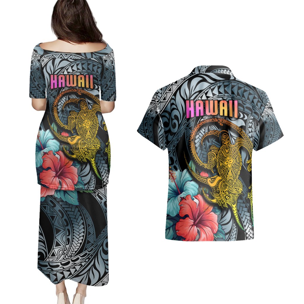 Hawaii Turtle Couples Matching Puletasi Dress and Hawaiian Shirt Hawaii Pattern and Turtle Tattoo Dark Cyan Gradient TS04 - Polynesian Pride