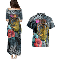 Hawaii Turtle Couples Matching Puletasi Dress and Hawaiian Shirt Hawaii Pattern and Turtle Tattoo Dark Cyan Gradient TS04 - Polynesian Pride