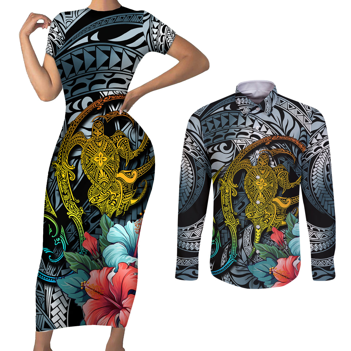 Hawaii Turtle Couples Matching Short Sleeve Bodycon Dress and Long Sleeve Button Shirts Hawaii Pattern and Turtle Tattoo Dark Cyan Gradient TS04 Gradient - Polynesian Pride