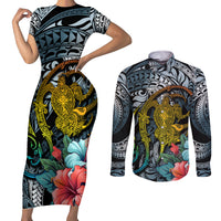 Hawaii Turtle Couples Matching Short Sleeve Bodycon Dress and Long Sleeve Button Shirts Hawaii Pattern and Turtle Tattoo Dark Cyan Gradient TS04 Gradient - Polynesian Pride