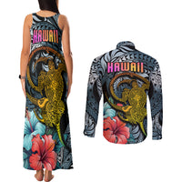 Hawaii Turtle Couples Matching Tank Maxi Dress and Long Sleeve Button Shirts Hawaii Pattern and Turtle Tattoo Dark Cyan Gradient TS04 - Polynesian Pride