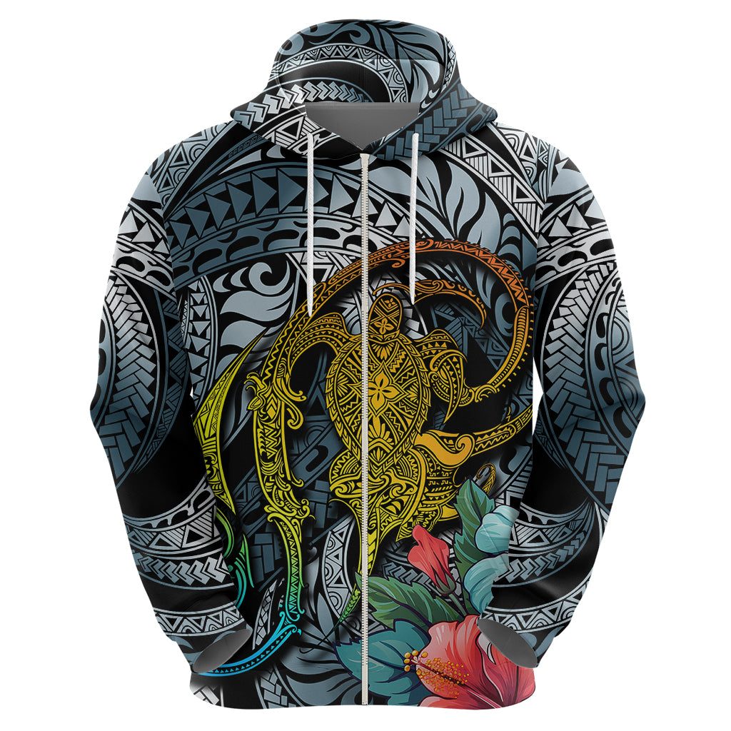 Hawaii Turtle Hoodie Hawaii Pattern and Turtle Tattoo Dark Cyan Gradient TS04 - Polynesian Pride