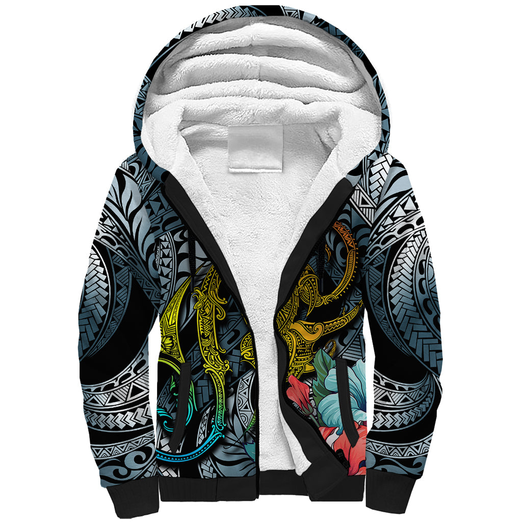Hawaii Turtle Sherpa Hoodie Hawaii Pattern and Turtle Tattoo Dark Cyan Gradient TS04 Unisex Gradient - Polynesian Pride