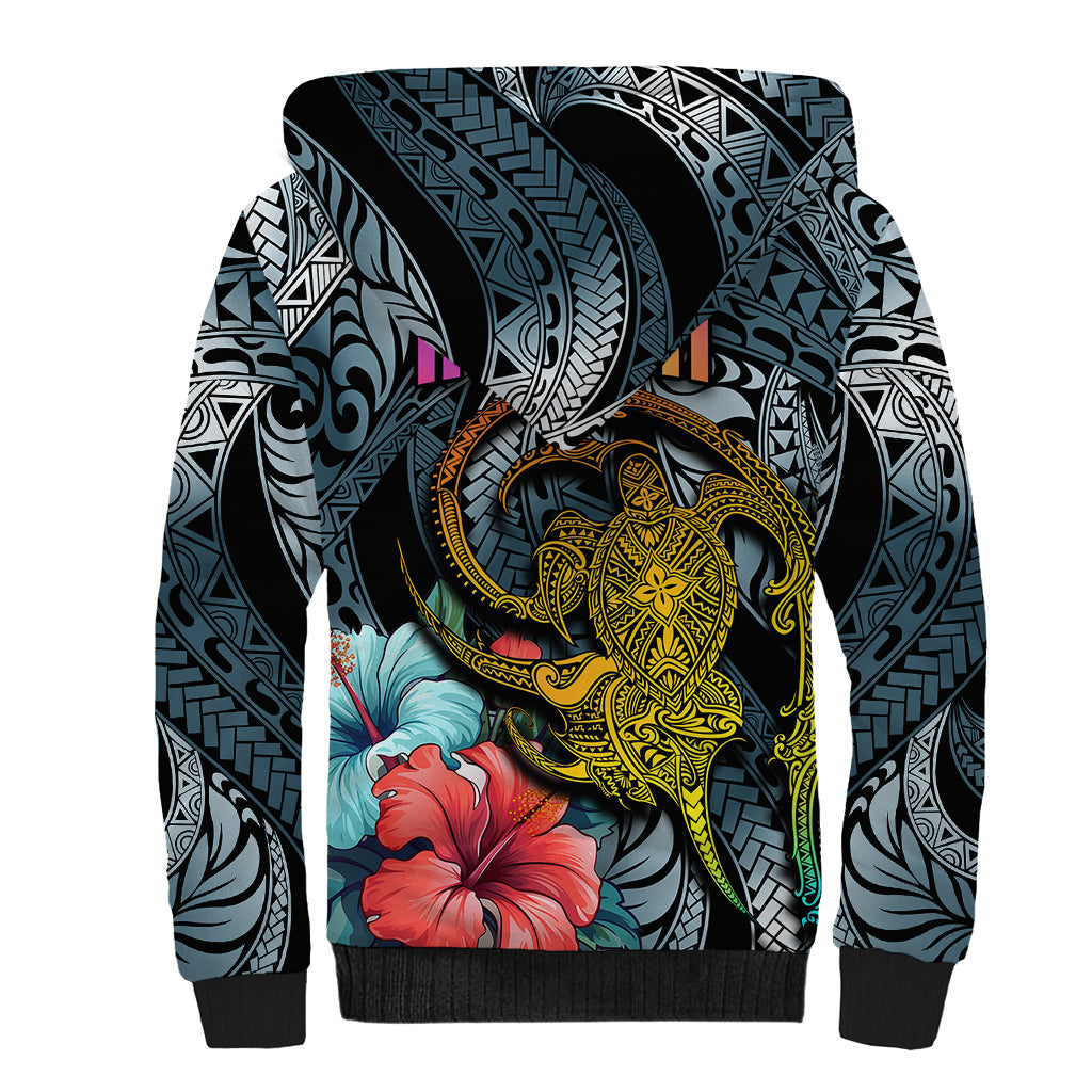 Hawaii Turtle Sherpa Hoodie Hawaii Pattern and Turtle Tattoo Dark Cyan Gradient TS04 - Polynesian Pride
