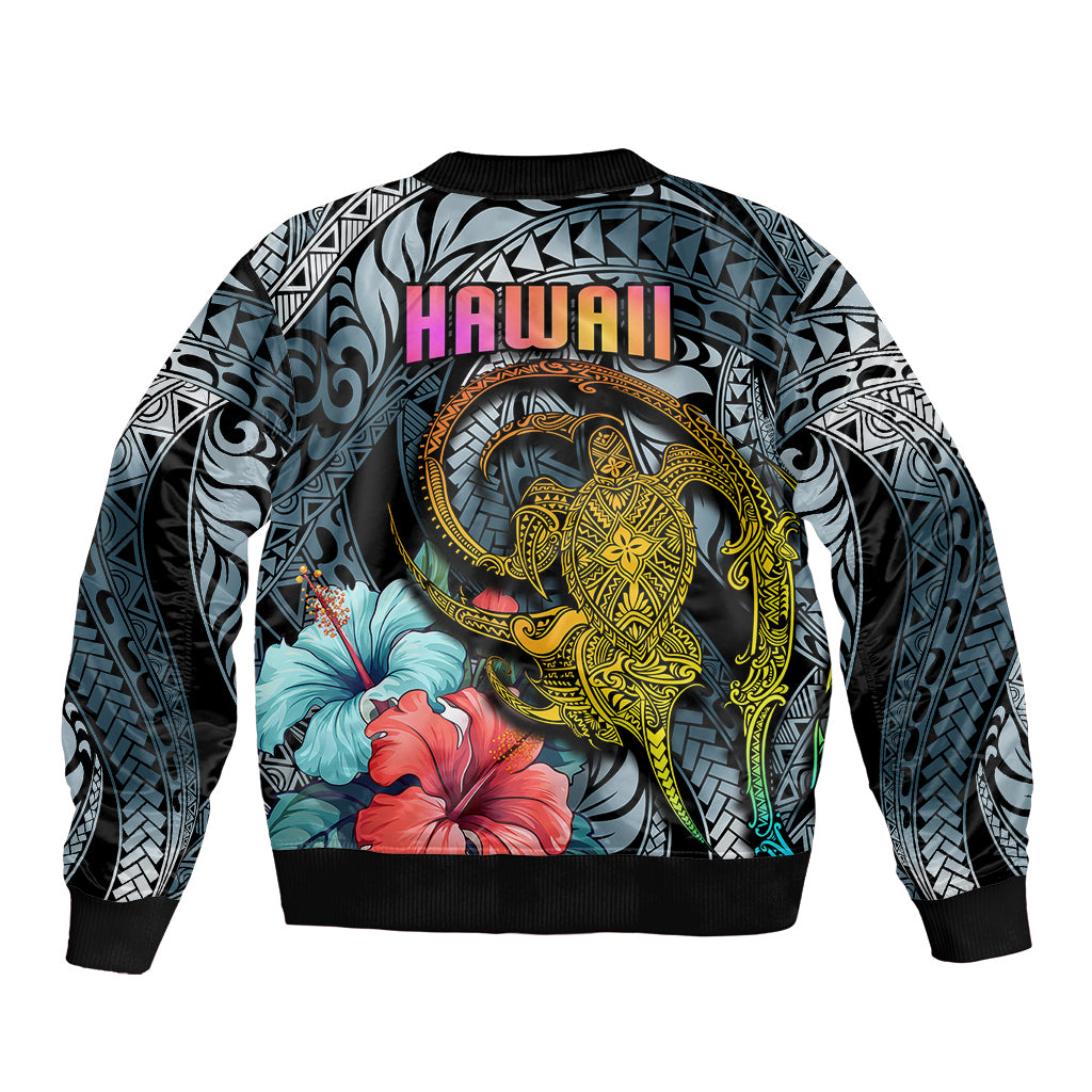 Hawaii Turtle Sleeve Zip Bomber Jacket Hawaii Pattern and Turtle Tattoo Dark Cyan Gradient TS04 - Polynesian Pride