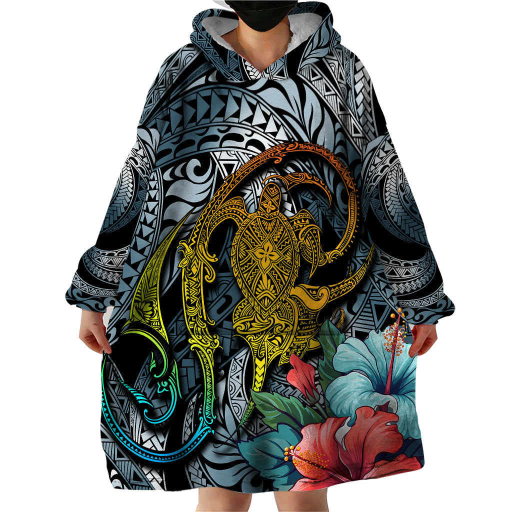 Hawaii Turtle Wearable Blanket Hoodie Hawaii Pattern and Turtle Tattoo Dark Cyan Gradient TS04 - Polynesian Pride