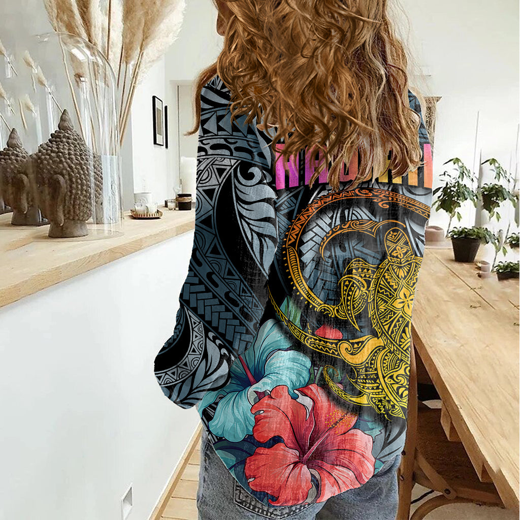 Hawaii Turtle Women Casual Shirt Hawaii Pattern and Turtle Tattoo Dark Cyan Gradient TS04 - Polynesian Pride