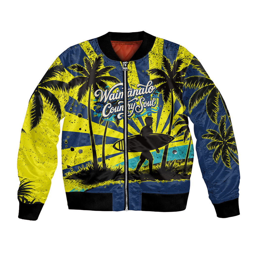 Waimanalo Oahu Hawaii Surfing Bomber Jacket Tropical Beach Retro Sunburst Surfboard TS04 Unisex Yellow Blue - Polynesian Pride