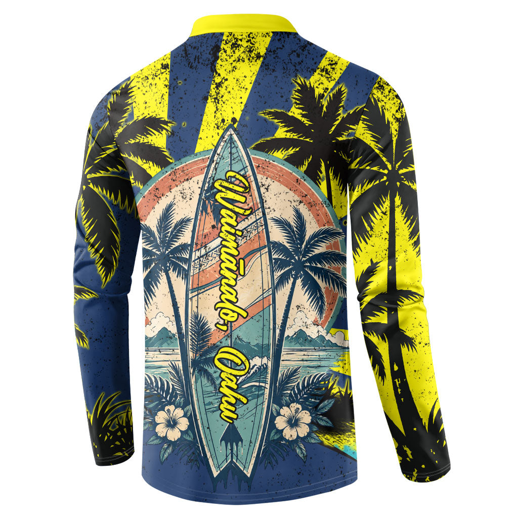Waimanalo Oahu Hawaii Surfing Button Sweatshirt Tropical Beach Retro Sunburst Surfboard