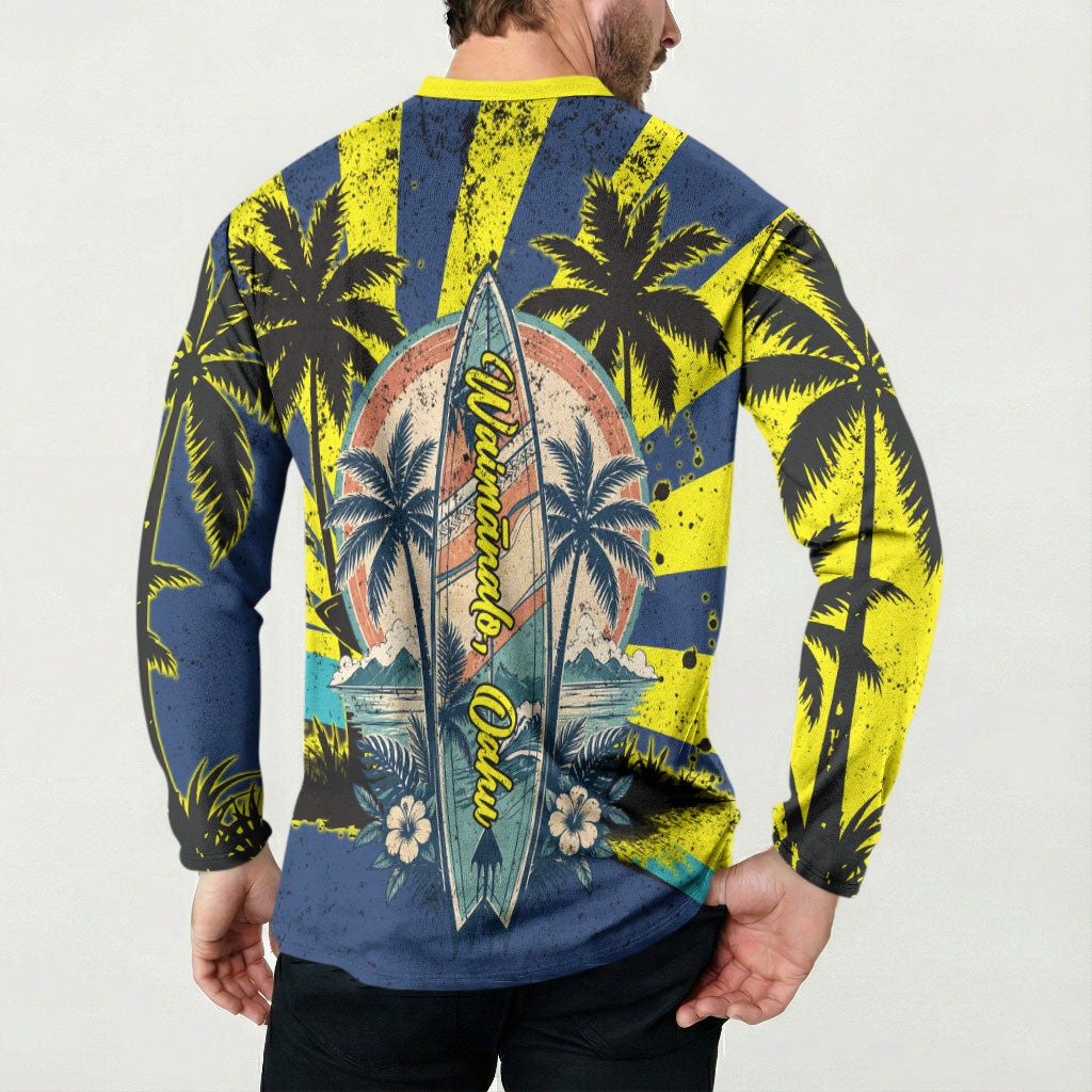 Waimanalo Oahu Hawaii Surfing Button Sweatshirt Tropical Beach Retro Sunburst Surfboard