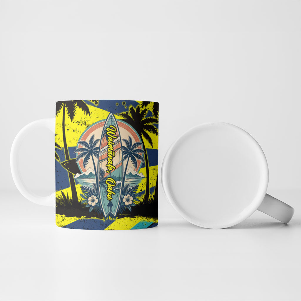 Waimanalo Oahu Hawaii Surfing Ceramic Mug Tropical Beach Retro Sunburst Surfboard