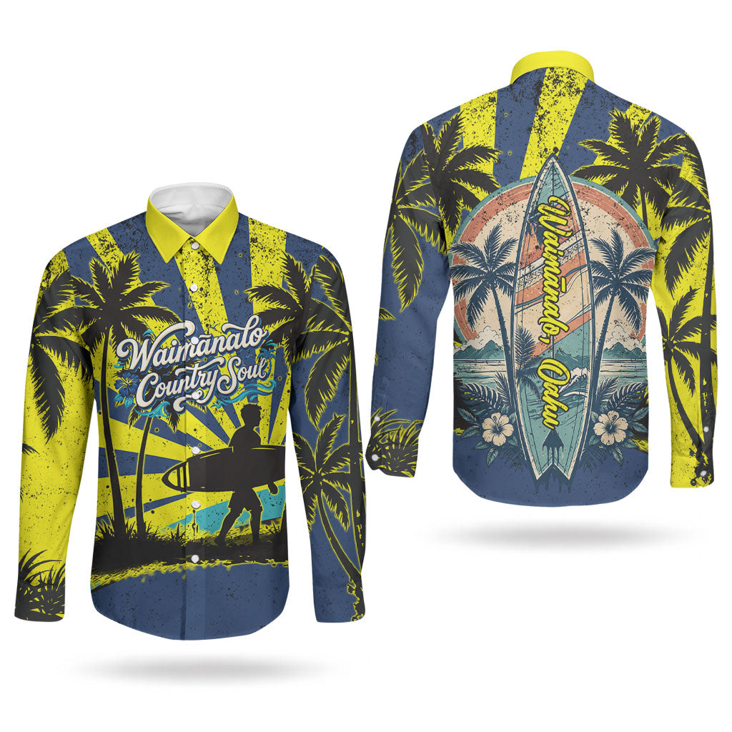 Waimanalo Oahu Hawaii Surfing Couples Matching Long Sleeve Bodycon Dress and Long Sleeve Button Shirt Tropical Beach Retro Sunburst Surfboard TS04 - Polynesian Pride