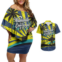 Waimanalo Oahu Hawaii Surfing Couples Matching Off Shoulder Short Dress and Hawaiian Shirt Tropical Beach Retro Sunburst Surfboard