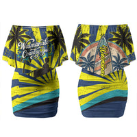 Waimanalo Oahu Hawaii Surfing Couples Matching Off Shoulder Short Dress and Long Sleeve Button Shirt Tropical Beach Retro Sunburst Surfboard