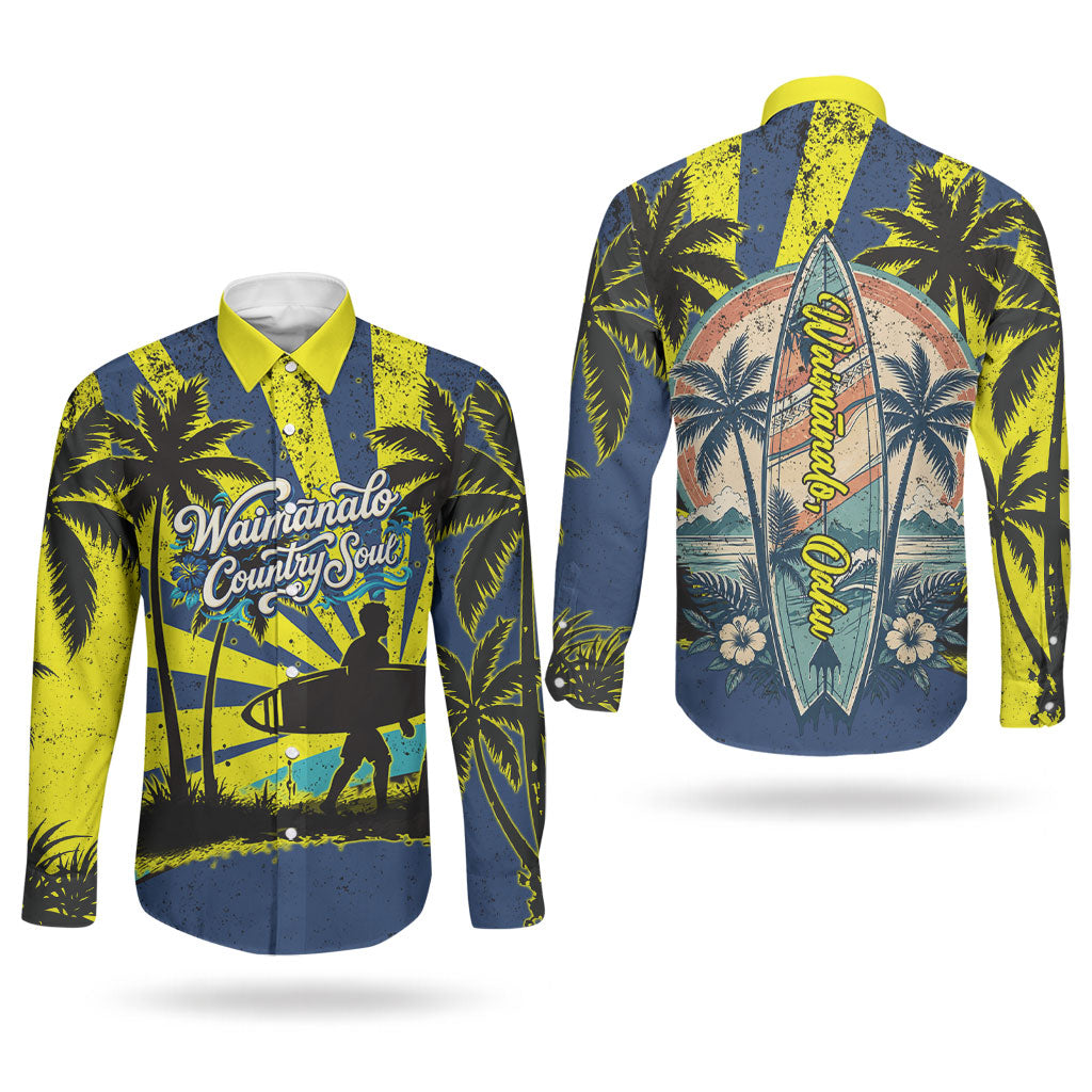 Waimanalo Oahu Hawaii Surfing Couples Matching Off The Shoulder Long Sleeve Dress and Long Sleeve Button Shirt Tropical Beach Retro Sunburst Surfboard TS04 - Polynesian Pride