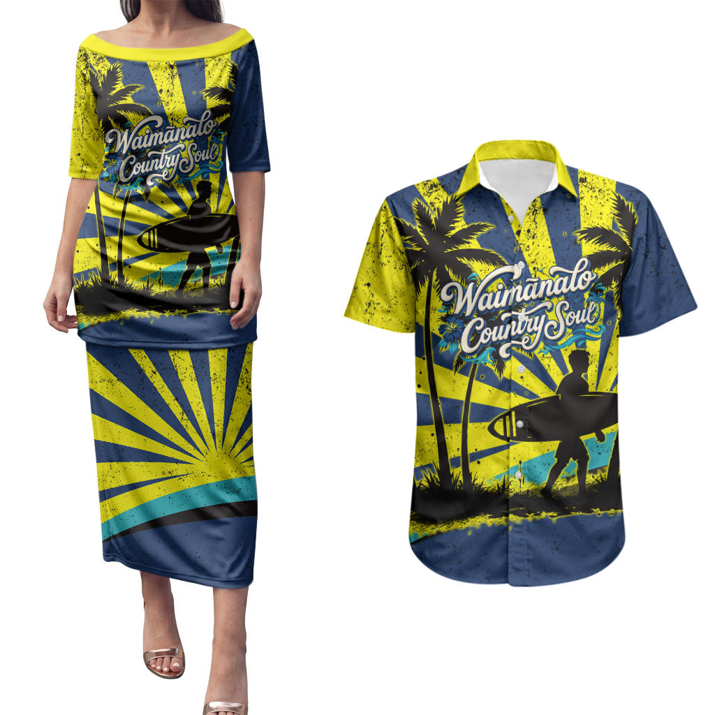 Waimanalo Oahu Hawaii Surfing Couples Matching Puletasi and Hawaiian Shirt Tropical Beach Retro Sunburst Surfboard TS04 Yellow Blue - Polynesian Pride