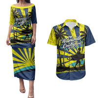 Waimanalo Oahu Hawaii Surfing Couples Matching Puletasi and Hawaiian Shirt Tropical Beach Retro Sunburst Surfboard TS04 Yellow Blue - Polynesian Pride