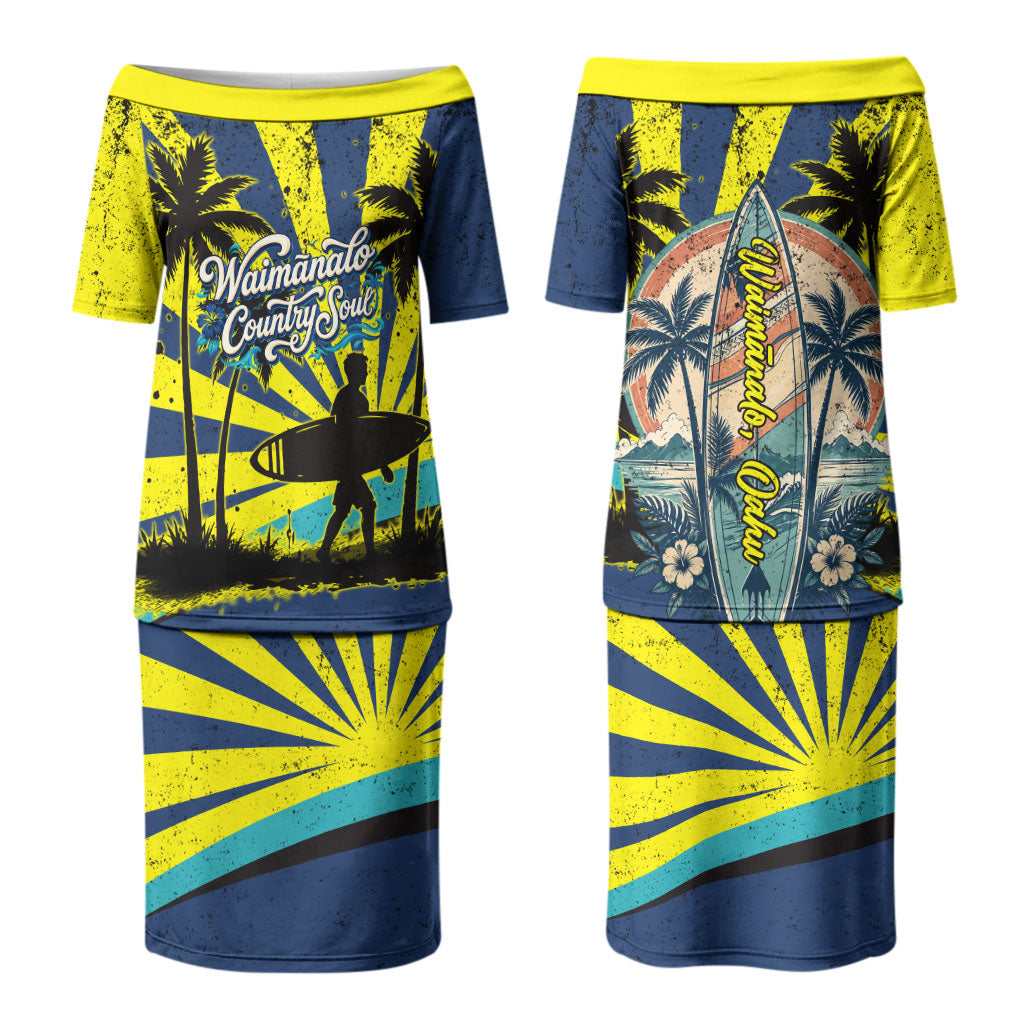 Waimanalo Oahu Hawaii Surfing Couples Matching Puletasi and Hawaiian Shirt Tropical Beach Retro Sunburst Surfboard TS04 - Polynesian Pride