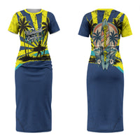 Waimanalo Oahu Hawaii Surfing Couples Matching Short Sleeve Bodycon Dress and Hawaiian Shirt Tropical Beach Retro Sunburst Surfboard TS04 - Polynesian Pride