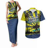Waimanalo Oahu Hawaii Surfing Couples Matching Tank Maxi Dress and Hawaiian Shirt Tropical Beach Retro Sunburst Surfboard TS04 Yellow Blue - Polynesian Pride