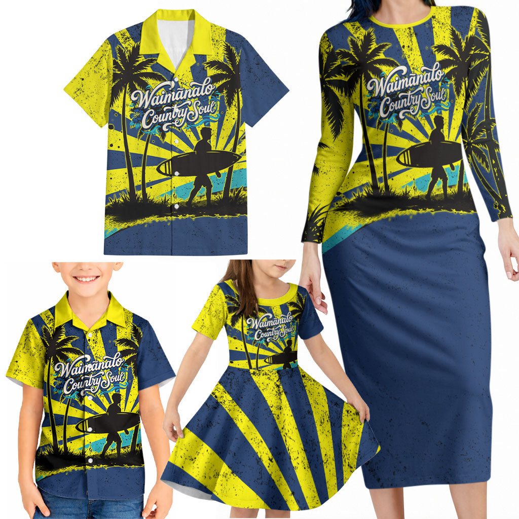 Waimanalo Oahu Hawaii Surfing Family Matching Long Sleeve Bodycon Dress and Hawaiian Shirt Tropical Beach Retro Sunburst Surfboard TS04 - Polynesian Pride
