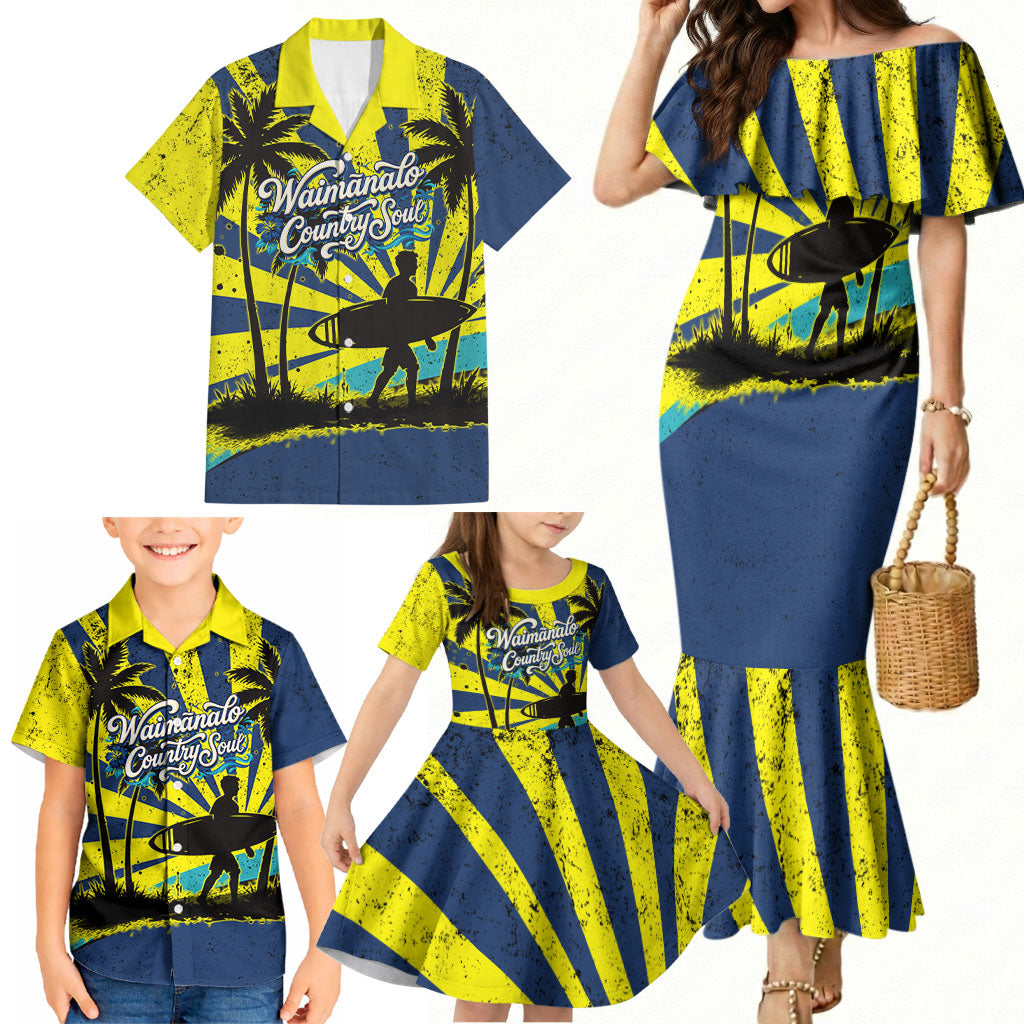 Waimanalo Oahu Hawaii Surfing Family Matching Mermaid Dress and Hawaiian Shirt Tropical Beach Retro Sunburst Surfboard TS04 - Polynesian Pride