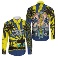 Waimanalo Oahu Hawaii Surfing Family Matching Off The Shoulder Long Sleeve Dress and Hawaiian Shirt Tropical Beach Retro Sunburst Surfboard TS04 Dad's Shirt - Long Sleeve Yellow Blue - Polynesian Pride