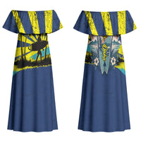 Waimanalo Oahu Hawaii Surfing Family Matching Off Shoulder Maxi Dress and Hawaiian Shirt Tropical Beach Retro Sunburst Surfboard TS04 Mom's Dress Yellow Blue - Polynesian Pride