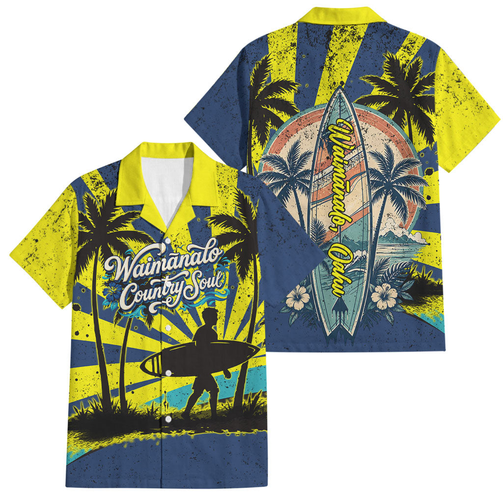 Waimanalo Oahu Hawaii Surfing Family Matching Off Shoulder Maxi Dress and Hawaiian Shirt Tropical Beach Retro Sunburst Surfboard TS04 Dad's Shirt - Short Sleeve Yellow Blue - Polynesian Pride