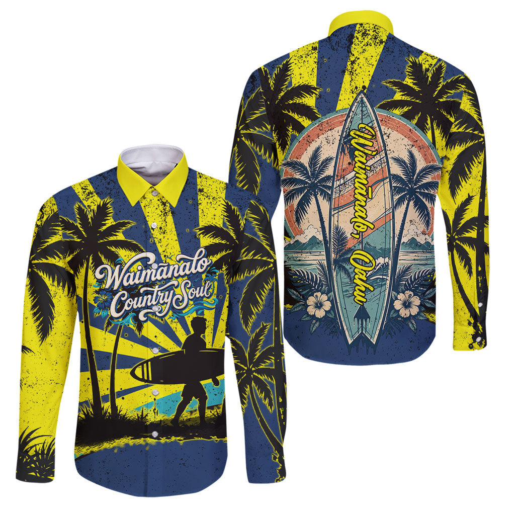 Waimanalo Oahu Hawaii Surfing Family Matching Off Shoulder Maxi Dress and Hawaiian Shirt Tropical Beach Retro Sunburst Surfboard TS04 Dad's Shirt - Long Sleeve Yellow Blue - Polynesian Pride
