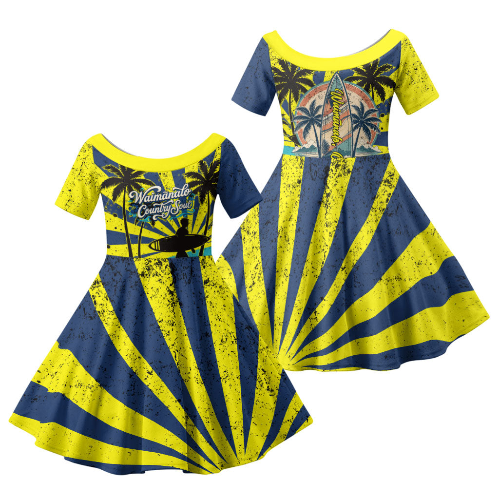 Waimanalo Oahu Hawaii Surfing Family Matching Off Shoulder Maxi Dress and Hawaiian Shirt Tropical Beach Retro Sunburst Surfboard TS04 Daughter's Dress Yellow Blue - Polynesian Pride
