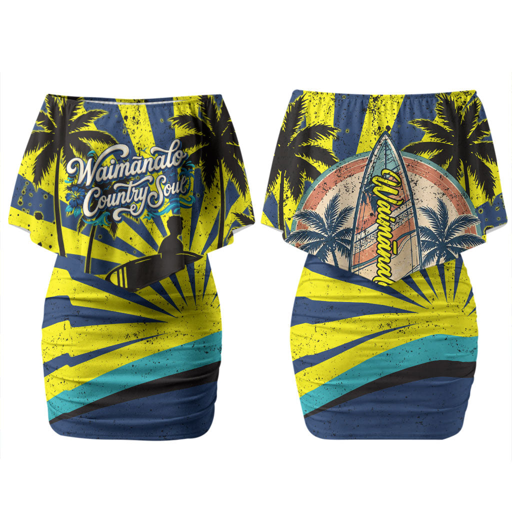 Waimanalo Oahu Hawaii Surfing Family Matching Off Shoulder Short Dress and Hawaiian Shirt Tropical Beach Retro Sunburst Surfboard TS04 Mom's Dress Yellow Blue - Polynesian Pride