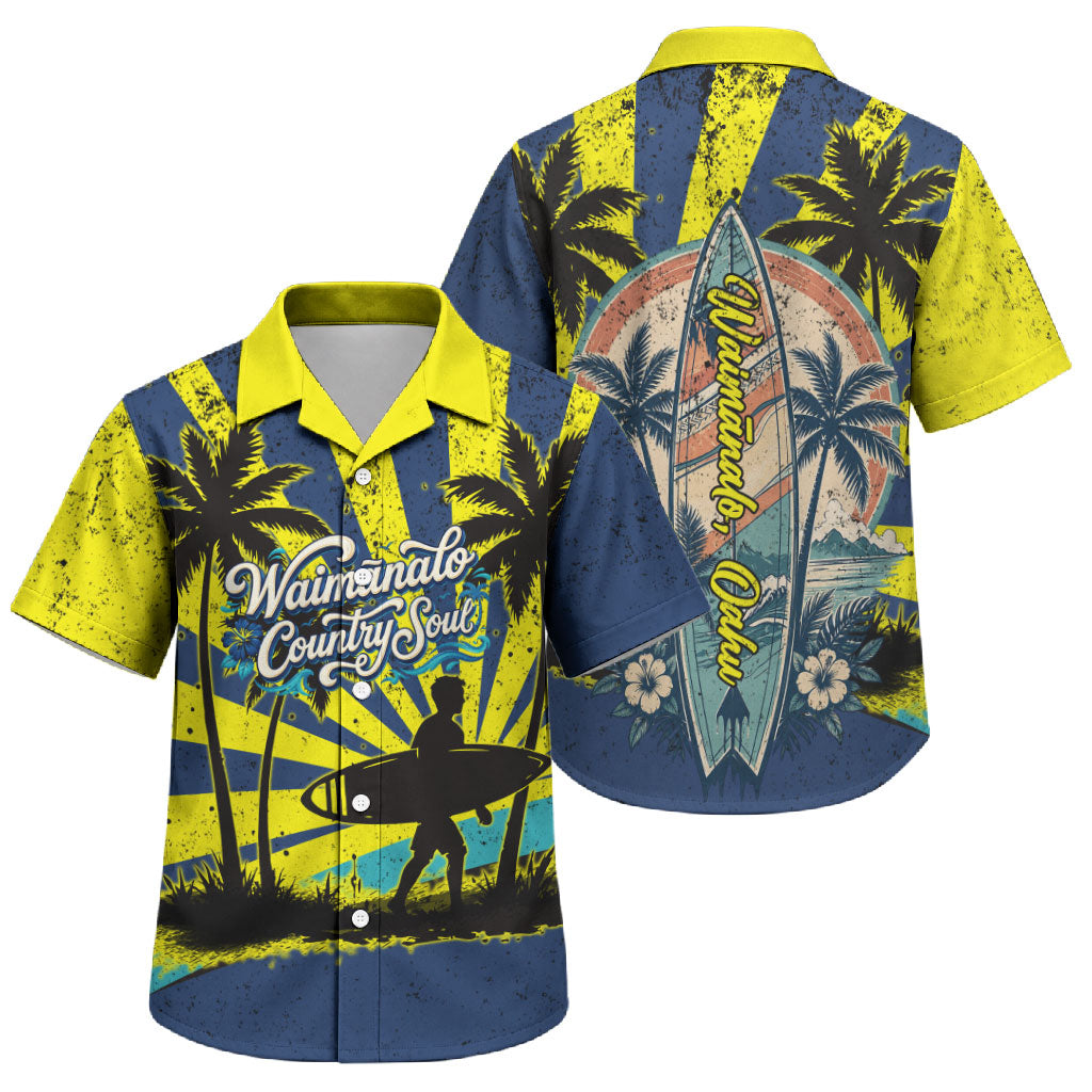 Waimanalo Oahu Hawaii Surfing Family Matching Off Shoulder Short Dress and Hawaiian Shirt Tropical Beach Retro Sunburst Surfboard TS04 Son's Shirt Yellow Blue - Polynesian Pride