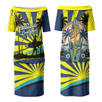 Waimanalo Oahu Hawaii Surfing Family Matching Puletasi and Hawaiian Shirt Tropical Beach Retro Sunburst Surfboard TS04 Mom's Dress Yellow Blue - Polynesian Pride