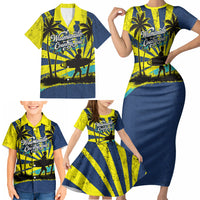 Waimanalo Oahu Hawaii Surfing Family Matching Short Sleeve Bodycon Dress and Hawaiian Shirt Tropical Beach Retro Sunburst Surfboard TS04 - Polynesian Pride