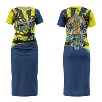 Waimanalo Oahu Hawaii Surfing Family Matching Short Sleeve Bodycon Dress and Hawaiian Shirt Tropical Beach Retro Sunburst Surfboard TS04 Mom's Dress Yellow Blue - Polynesian Pride
