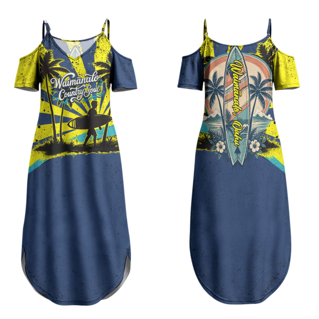 Waimanalo Oahu Hawaii Surfing Family Matching Summer Maxi Dress and Hawaiian Shirt Tropical Beach Retro Sunburst Surfboard TS04 Mom's Dress Yellow Blue - Polynesian Pride