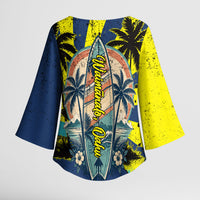 Waimanalo Oahu Hawaii Surfing Kimono Sleeve Blouse Tropical Beach Retro Sunburst Surfboard